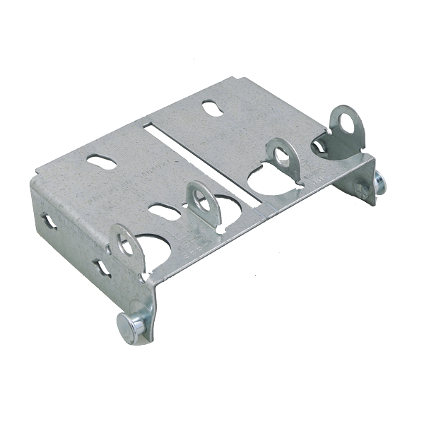A metal residential bottom bracket, with multiple holes and two bolting points.