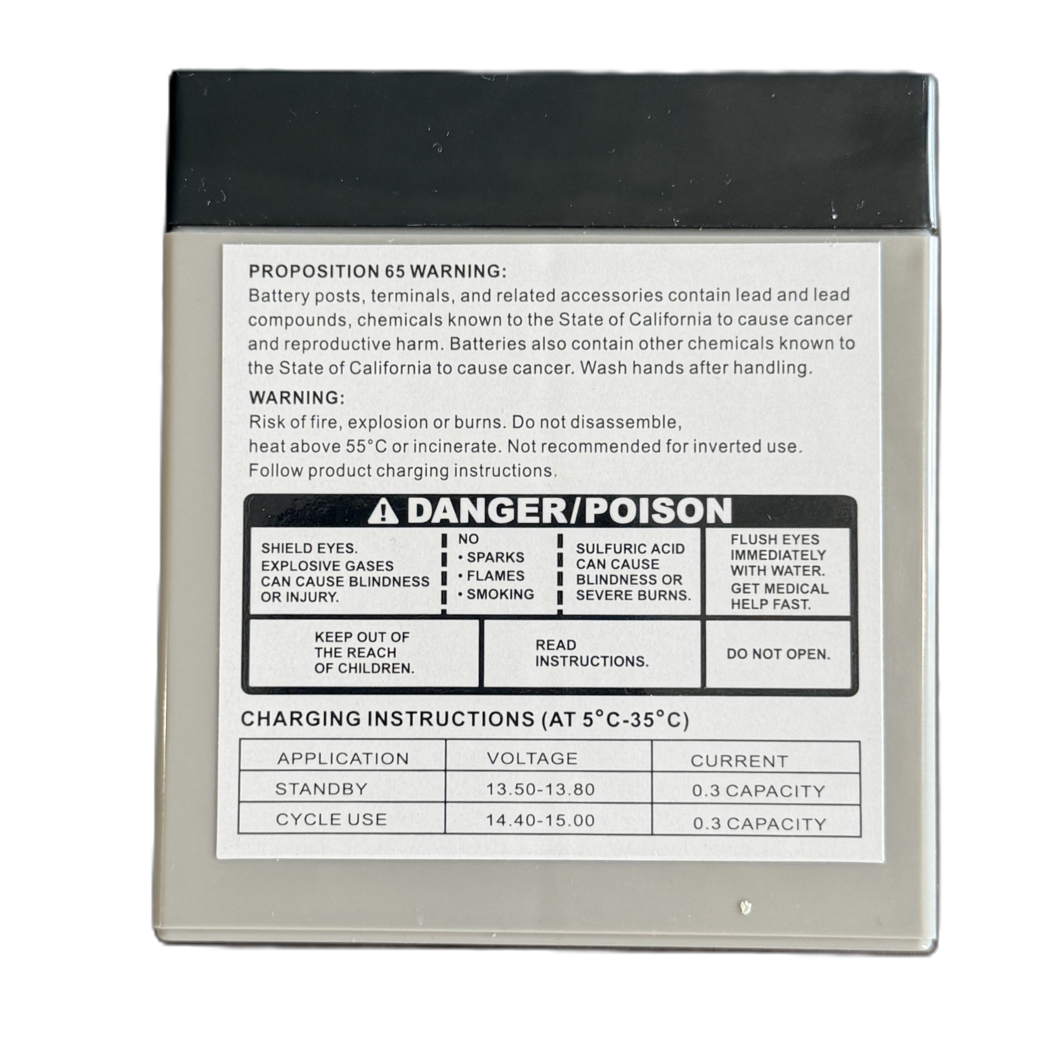 Battery with warning label on a white background