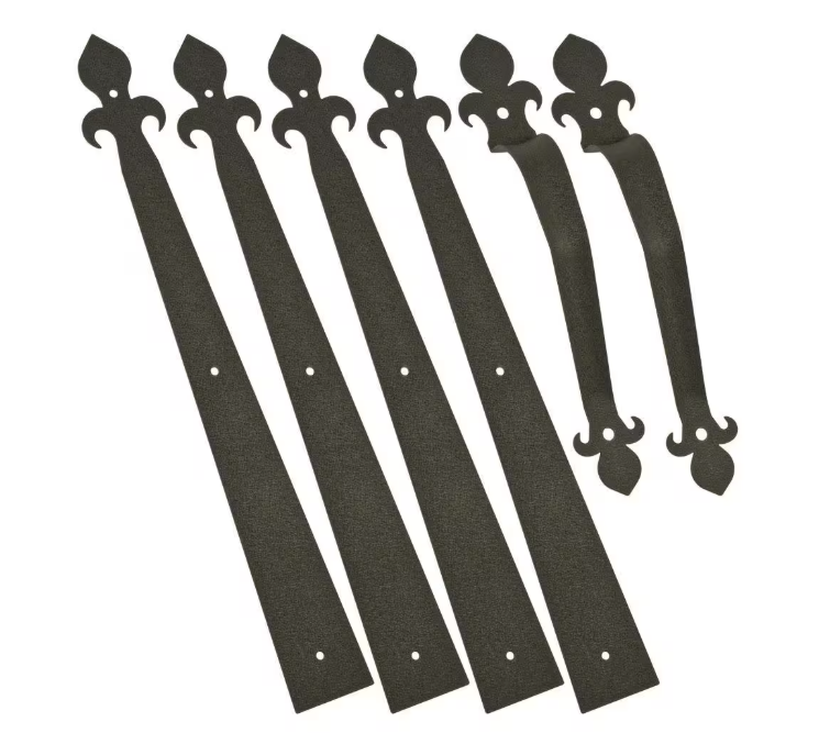 Fleur-De-Lis Decorative Garage Door Hardware Kit – 4 Hinges, 2 Handles & Mounting Hardware – Rustic Steel Accents